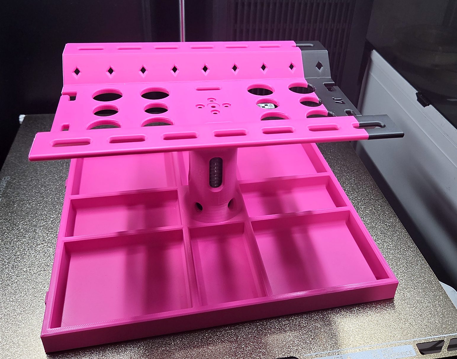 1/8 Scale RC Maintenance Stand fresh off the printer, showing the nine-bay parts tray and the tool slots in the work platform